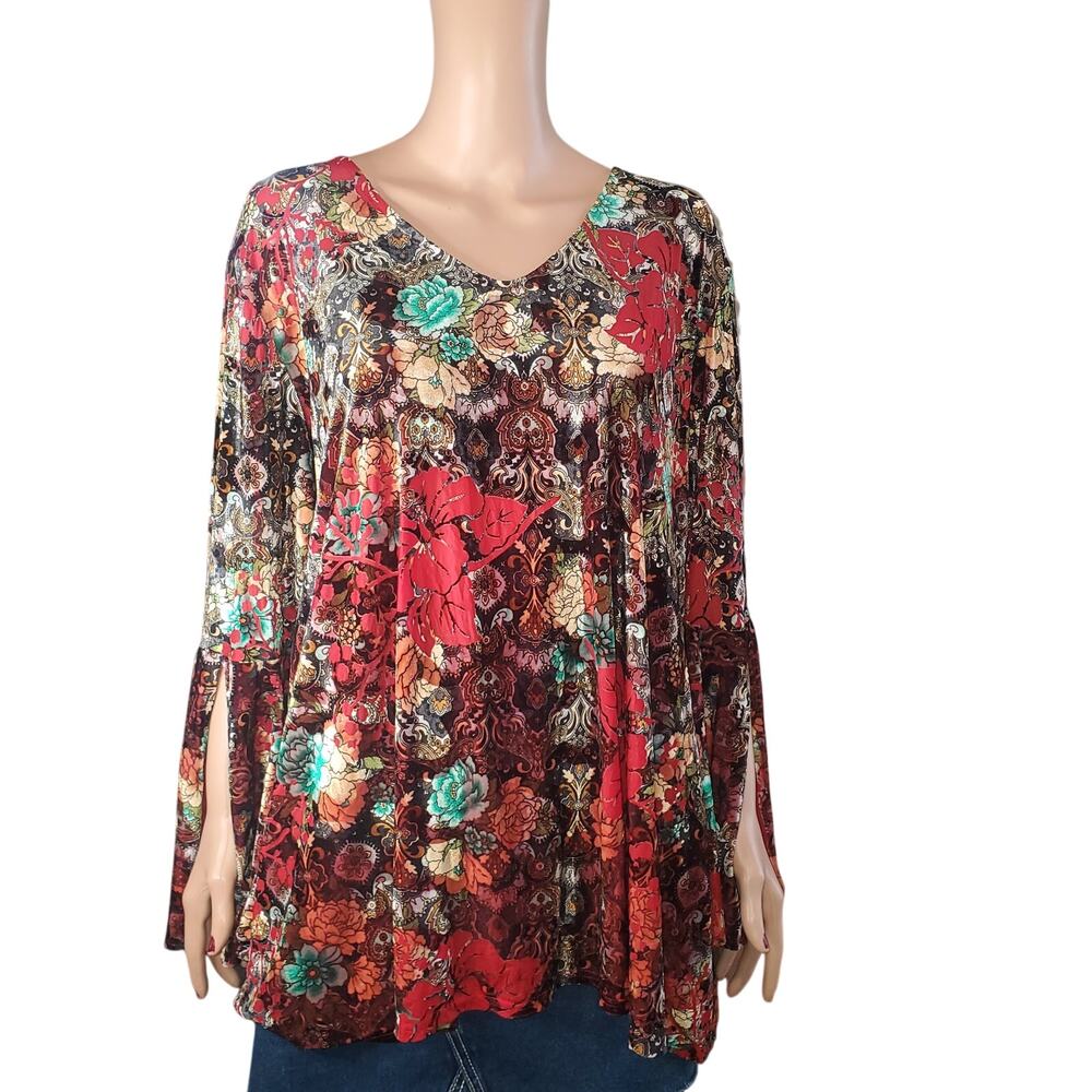 Women's XXXL Red Floral Velvet Burnout Split Bell Sleeve Back Zip Top Whimsigoth